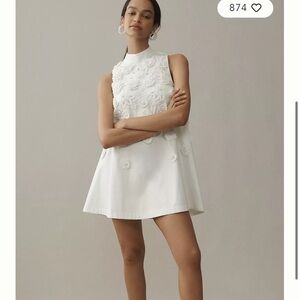 BHLDN/Anthropologie HIGH-NECK 3D FLORAL POPLIN SWING MINI DRESS white